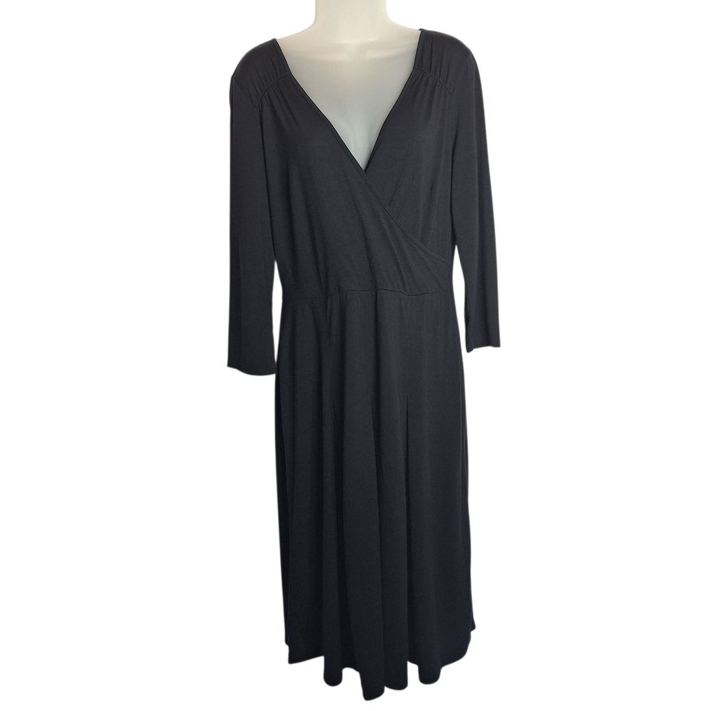 Loft Black Faux Wrap Dress 3/4 Sleeve Midi Size 10 Womens